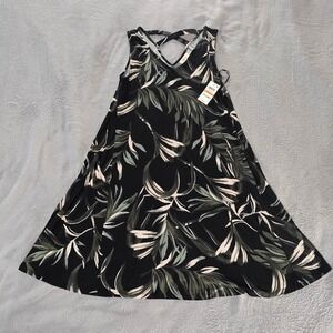 Style & Co Womens Tropical Palm Print Strappy Back Swing Dress Black Small NWT